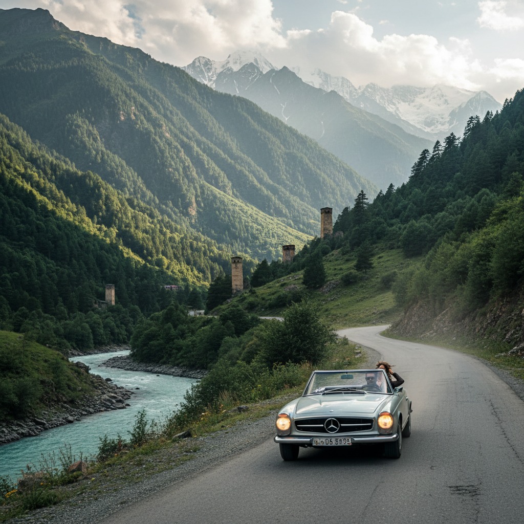 A vintage silver convertible drives along a winding mountain road next to a river, with snow-capped peaks in the background.